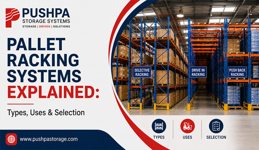 Pallet racking system with industrial pallets stored in warehouse bays