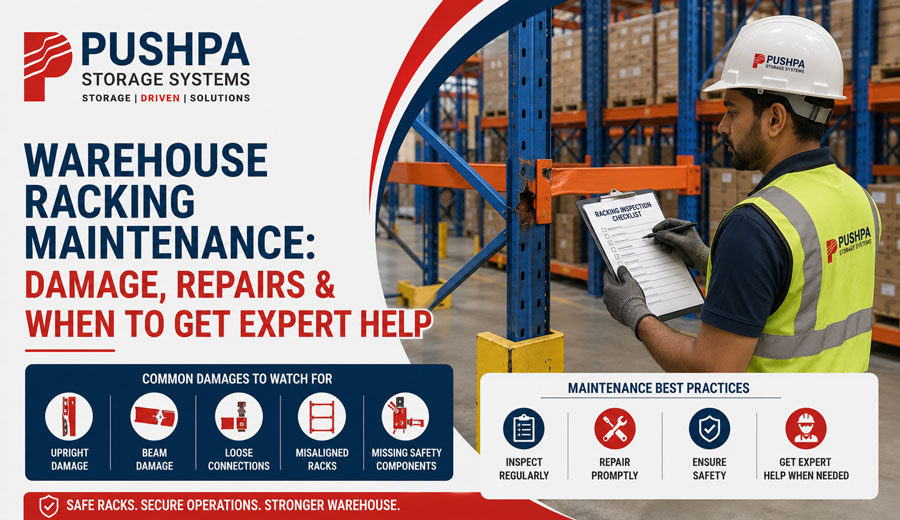 Industrial warehouse racking requiring preventive maintenance and periodic inspection